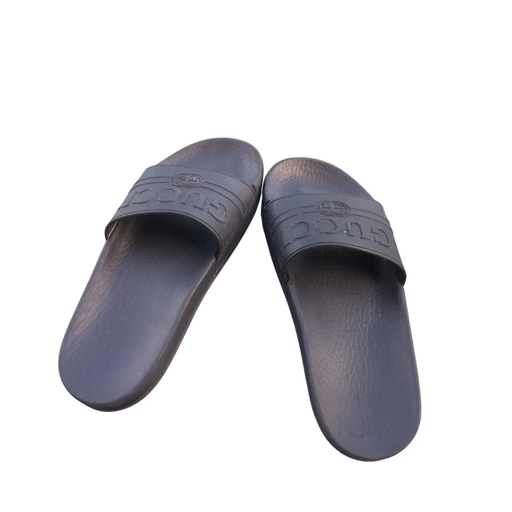 Gucci Rubber Logo Slides Sandals Dark Grey Interlocking G Made in Italy 12